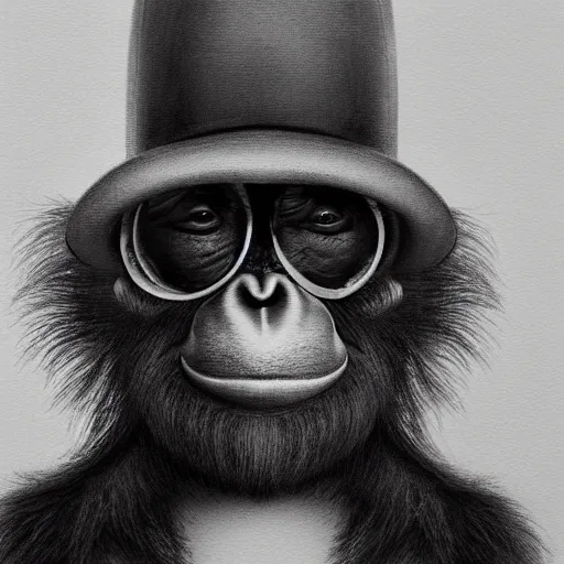 Image similar to portrait painting of an anthropomorphized orangutan, wearing a monocle and a small bowler hat, oversized mustache. dark outlining style. highly detailed. trending on artstation. slightly surreal, hyper realistic. style of chuck u