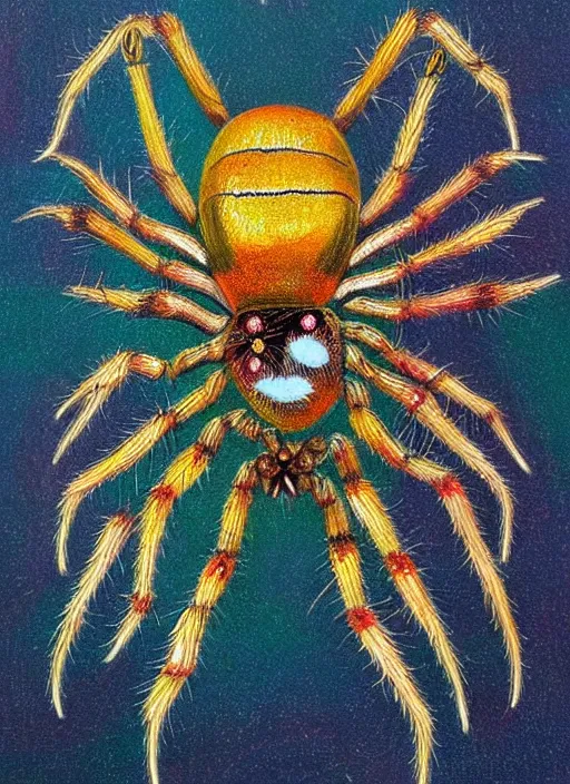 Image similar to a painting of symetrical spider seen from above, made of multicolored crystals, fantasy art, realistic