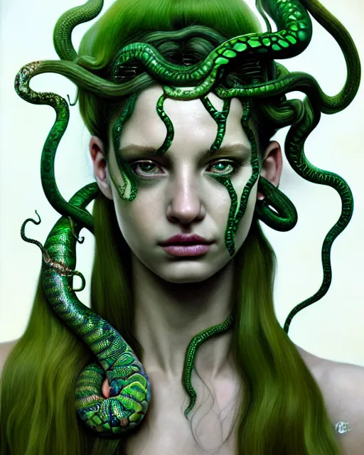 Prompt: hyperrealistic mixed media painting of beautiful Medusa, green scaley serpents in her hair, pale skin, devious expression, full body, stunning 3d render inspired art by P. Craig Russell and Barry Windsor-Smith + perfect facial symmetry + dim volumetric lighting, 8k octane beautifully detailed render, post-processing, extremely hyperdetailed, intricate, epic composition, grim yet sparkling atmosphere, cinematic lighting + masterpiece, trending on artstation, very very detailed, masterpiece, stunning