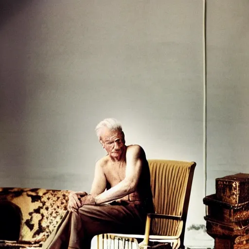 Prompt: charismatic, wise man, sitting on a chair, photo for vogue by annie liebovitz