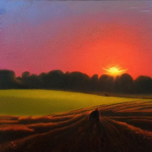Prompt: a landscape of fields and the sun going down art by Corfield Paul