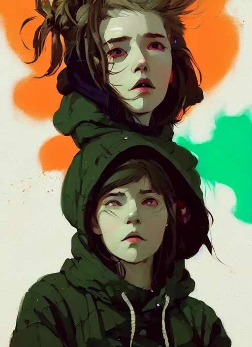 Image similar to highly detailed portrait of a cloudpunk young seattle lady, tartan hoody, by atey ghailan, by greg rutkowski, by greg tocchini, by james gilleard, by joe fenton, by kaethe butcher, gradient green, brown, blonde crea, orange, brown and white color scheme, grunge aesthetic!!! ( ( graffiti tag wall background ) )