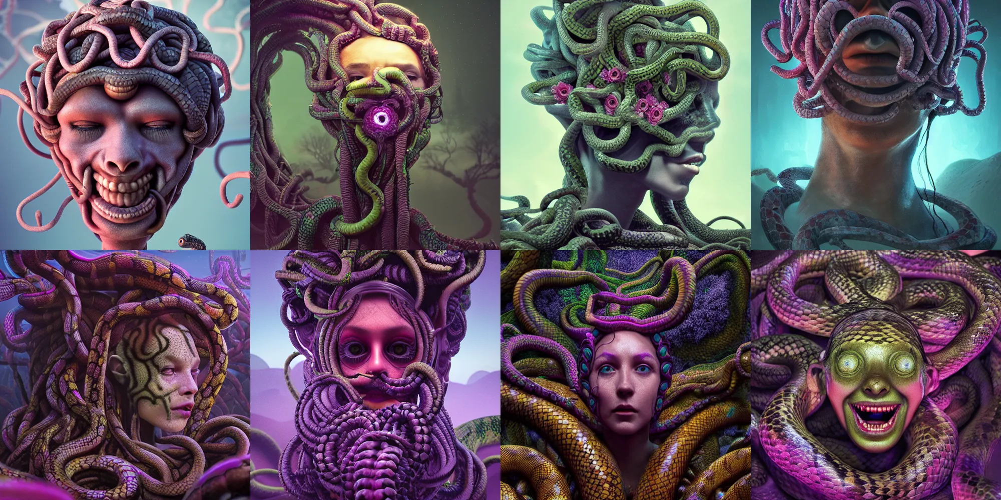 Image similar to creepy medusa gorgon gaze head, highly detailed snakes, beautiful flowers, beautiful dark creepy landscape, in the style of beeple and mike winkelmann, intricate, epic lighting, cinematic composition, hyper realistic, 8 k resolution, unreal engine 5, raytracing, ultraviolet colors,