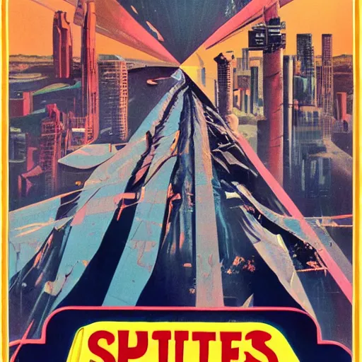 Prompt: retrofuturism movie poster depicting lots of splinters broken mirrors in an apocalyptic environment