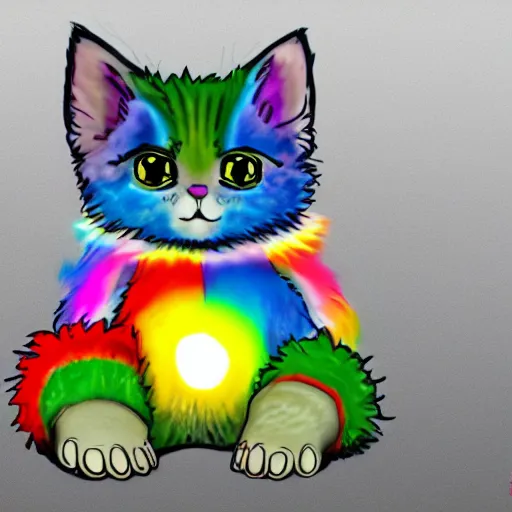 Image similar to wide angle full body, of a fluffy cute rainbow kitten wearing a black motorcycle jacket, concept art