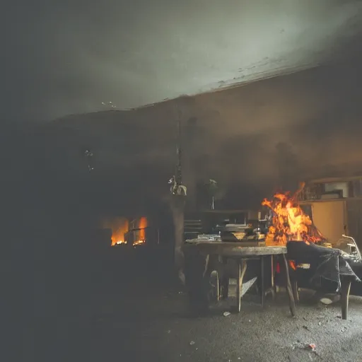 Image similar to a photograph of an humanlike relaxed dog in his house, sitting at a table, ☕ on the table, surrounded by flames, room is on fire, smoke under the ceiling