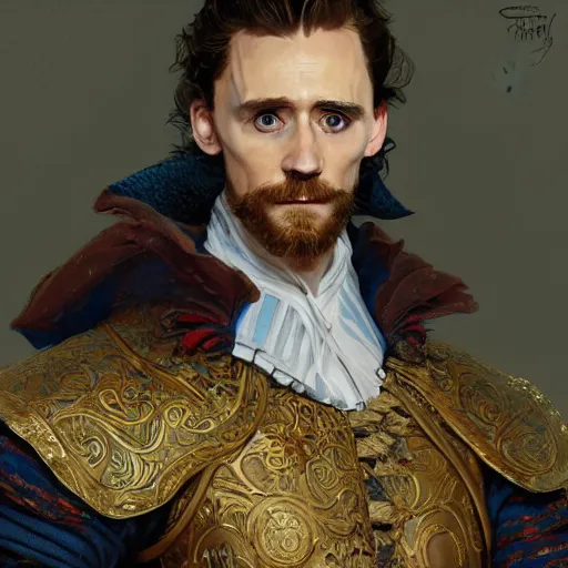 Prompt: a man wearing a doublet, tom hiddleston, painted fantasy character portrait, highly detailed, digital painting, artstation, concept art, sharp focus, illustration, art by artgerm and greg rutkowski and alphonse mucha