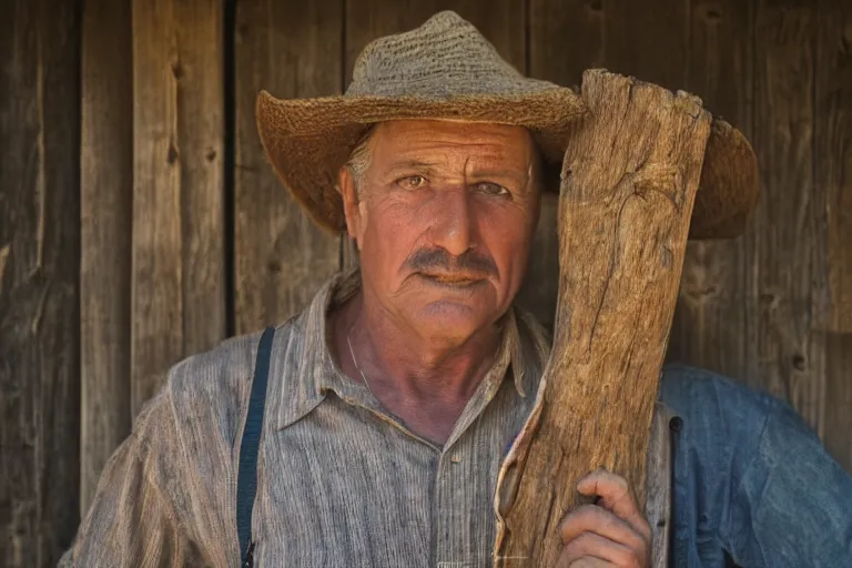 Prompt: a cinematic headshot portrait of a farmer, stood outside a wooden cabin, movie still, shallow depth of field, ultra realistic, dramatic lighting, by annie leibovitz