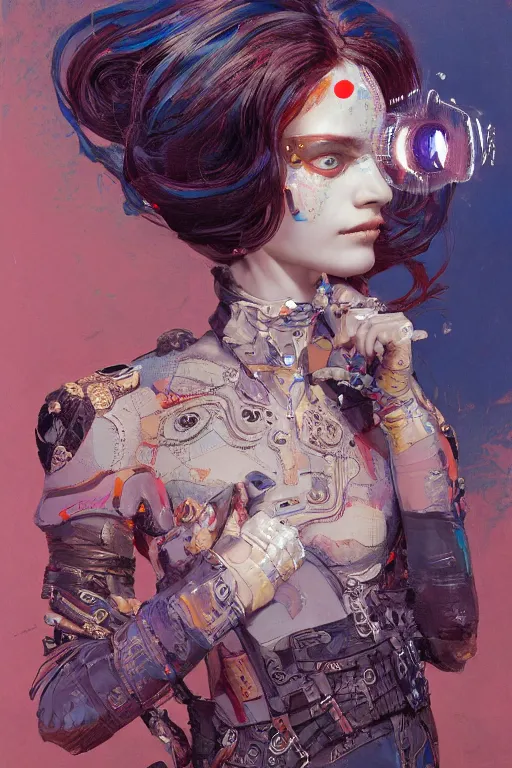 Image similar to an epic non - binary model, subject wearing a belt made out of computer mice, flowing, ornate, beautiful, intricate, muted tonal colors, with few ultramarine highlights, by jeremy mann and ilya kuvshinov, jamie hewlett and ayami kojima, trending on artstation, bold 2 d