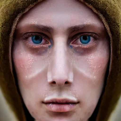 Image similar to minimalist photography portrait of a germanic pagan woman, sad, crying, tear, early middle ages, gash, symmetrical, super close up, mid thirties, cute round slanted eyes, caucasian, wide nostrils, high cheekbones, full cheeks, high flat eyebrows, ethereal essence, leica 1 0 0 mm f 0. 8