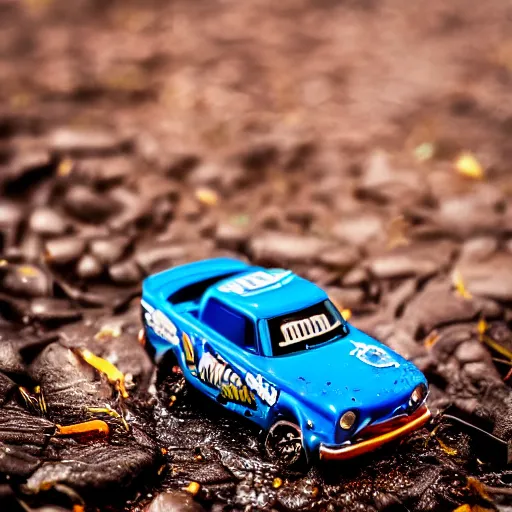 Image similar to macro photography of a toy hot wheels car driving through a creek in the rain, 3 5 mm