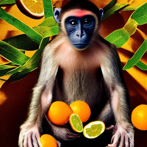 Image similar to monkey holding money, chromatic, crepuscular rays, dslr, caravaggio, citrus, dof