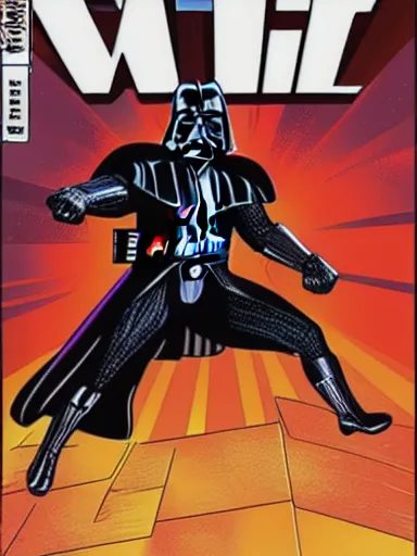 Image similar to comic book cover of darth vader fighting against the avangers