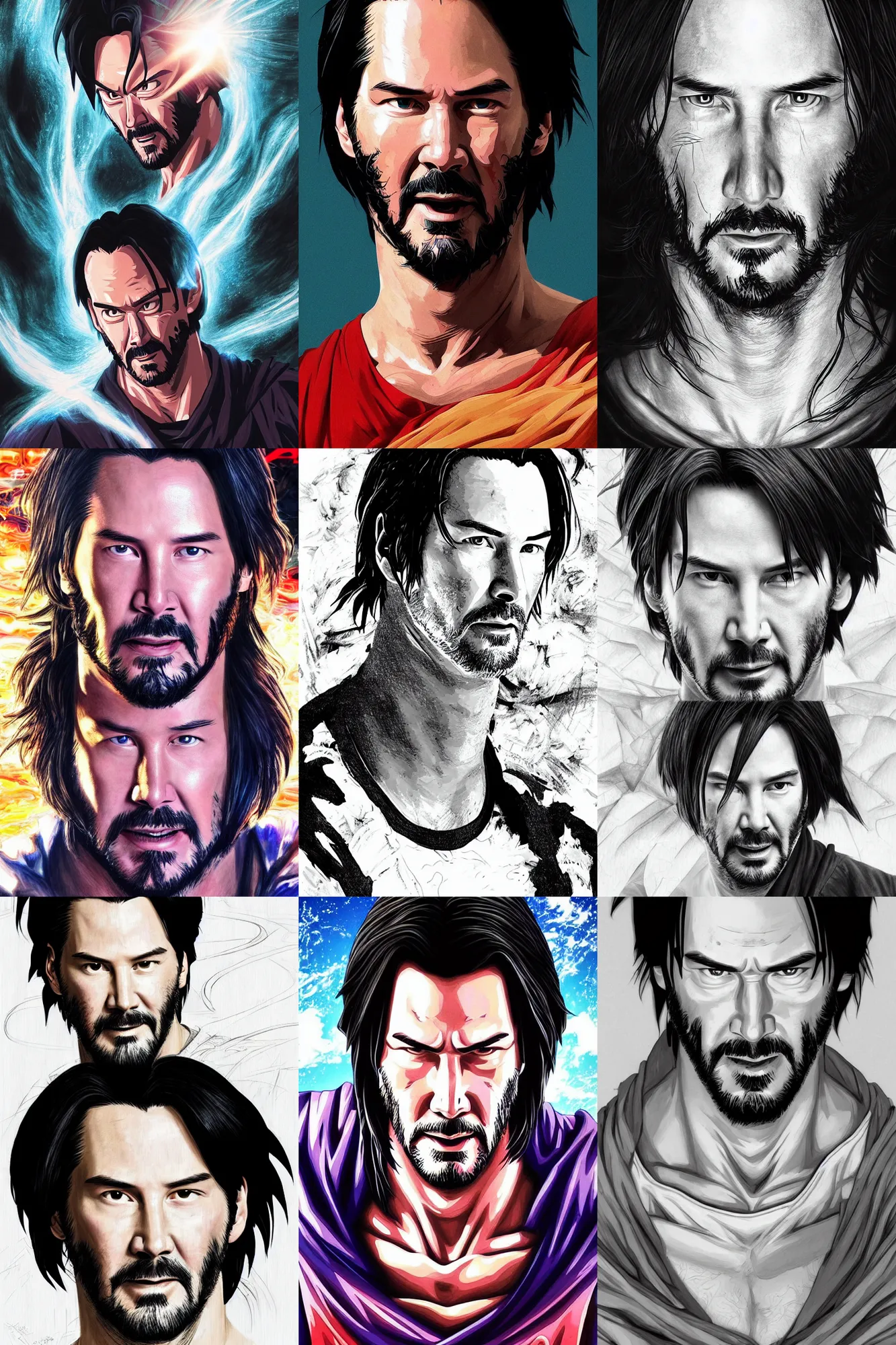 Prompt: professional portrait drawing, beautiful keanu reeves in dragon ball z, intricate, epic lighting, cinematic composition, hyper realistic, 8k resolution, unreal engine 5, by Artgerm, tooth wu, dan mumford, beeple, wlop, rossdraws, James Jean, Andrei Riabovitchev, Marc Simonetti, yoshitaka Amano, Artstation