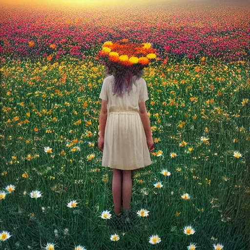 Image similar to full body daisy flower head, girl standing in a flower field, head hidden behind huge daisy flower, surreal photography, sunrise, dramatic light, impressionist painting, colorful clouds, digital painting, artstation, simon stalenhag