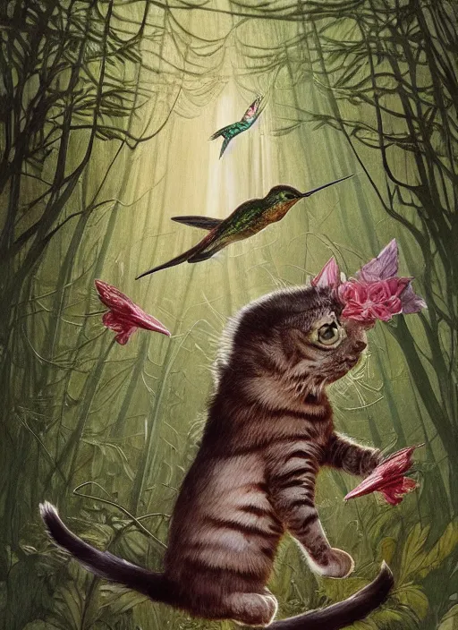 Prompt: a hyper realistic illustrated cat with playing with a hummingbird on its paw in the woods gorgeous lighting, lush forest foliage painting by chiara bautista and beksinski and norman rockwell and greg rutkowski weta studio, and lucasfilm