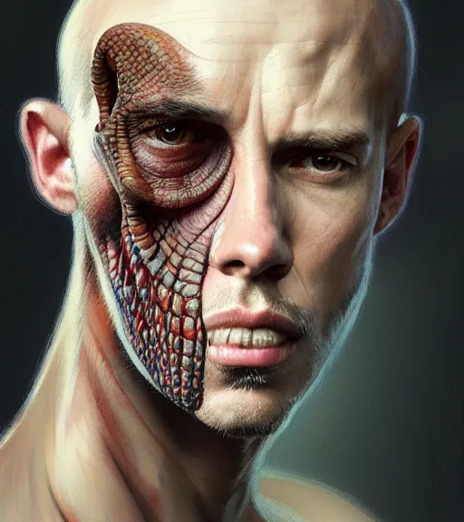 Image similar to portrait of a man, half face skin injured torn revealing dinosaur skin, highly detailed, digital painting, artstation, concept art, smooth, sharp focus, illustration, art by wlop, mucha, artgerm, and greg rutkowski