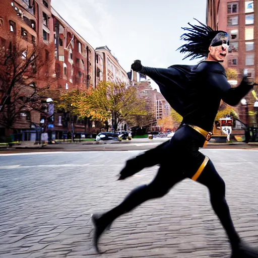 Prompt: Long shot of a 20 years old wampanoag man in a black super hero costume running in the streets of Boston, leaving behind him a trail of dust and sparkles, very high quality photography