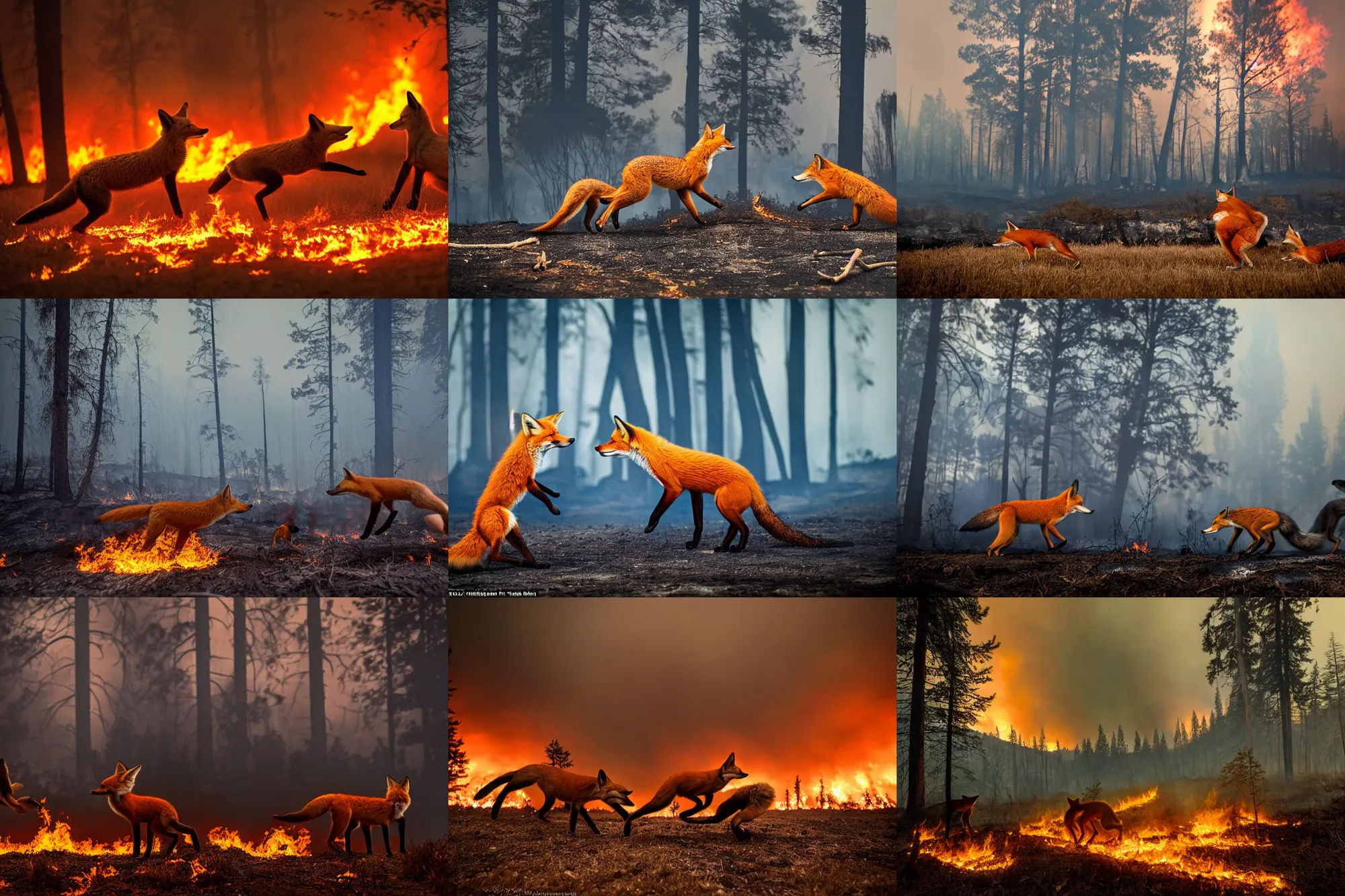 Prompt: an epic photograph of two foxes fighting while a forest fire rages in the background, dramatic lighting, dark atmosphere, flaming trees, award-winning photography
