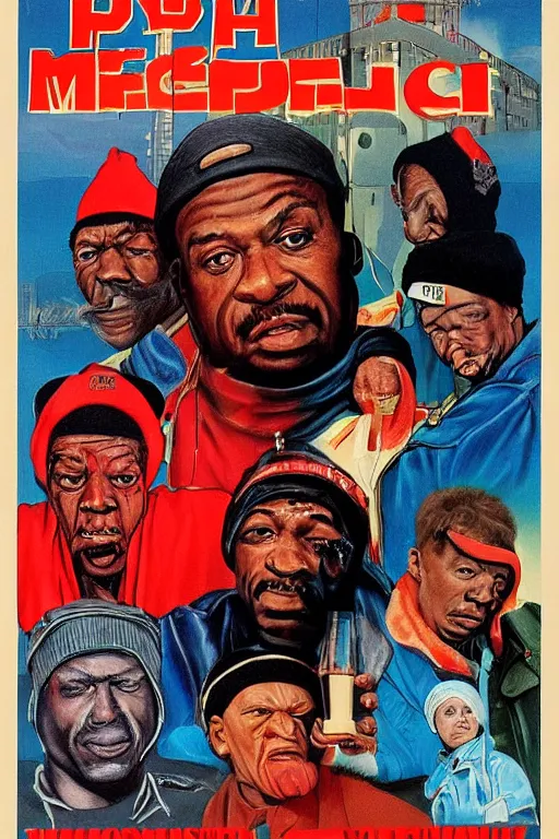 Prompt: poster the movie 1 9 8 8 ussr don't be a menace to south central while drinking your juice in the hood, perfect symmetrical eye, soviet russian winter fur cap with earflaps ushankas vodkra kremlin babushka communist