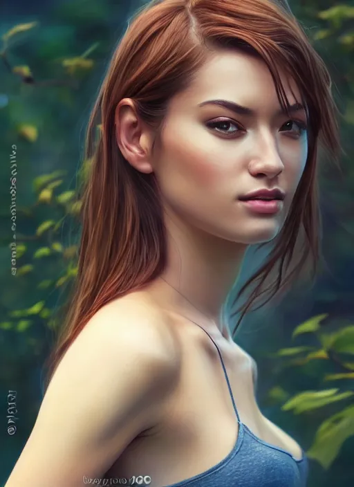 Image similar to photo of a gorgeous female in the style of stefan kostic, realistic, professionally, half body shot, sharp focus, 8 k high definition, insanely detailed, intricate, elegant, art by stanley lau and artgerm, bokeh foliage