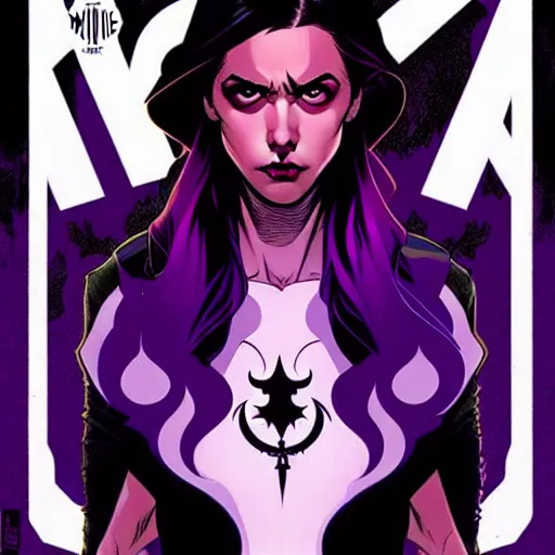 Image similar to rafael albuquerque comic cover art, artgerm, joshua middleton, pretty stella maeve witch doing black magic, serious look, purple dress, symmetrical eyes, symmetrical face, long black hair, twisted evil dark forest in the background, cool colors