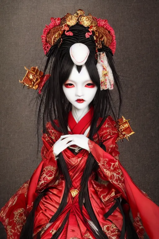 Prompt: japanese bjd geisha vampire queen in victorian red dress in the style of dark - fantasy lolita fashion painted by yoshitaka amano, takato yamamoto, james jean, symmetrical vogue face portrait, volumetrics, intricate detail, artstation, cgsociety, artgerm, gold skulls, rococo