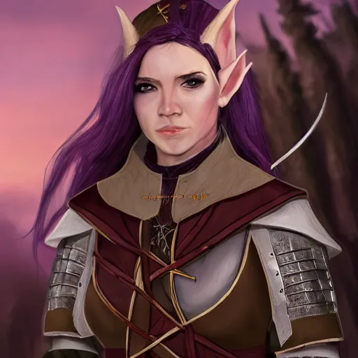 Image similar to anya charlota as a medieval fantasy tolkien elf, dark purplish hair tucked behind ears, wearing leather with a fur lined collar, wide, muscular build, scar across the nose, one black, scaled arm, cinematic, character art, digital art, realistic. 8 k, detailed.