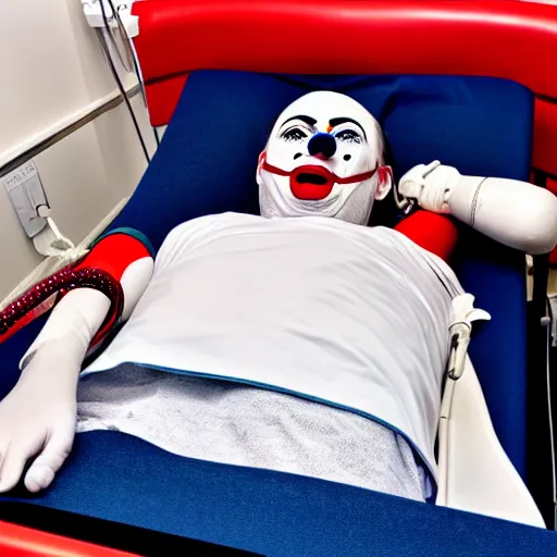 Image similar to confused laughing clown lying in hospital bed with wrist restraints on, restraint fabric straps attached to hospital bed, photograph, 8 k