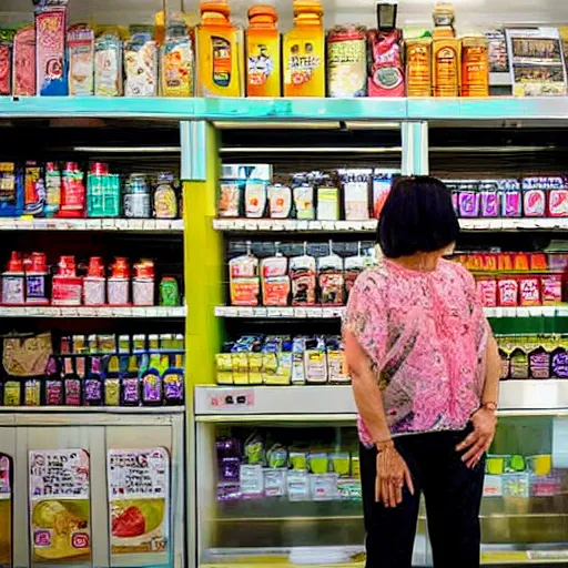 Image similar to a middle - aged woman working at an old convenience store in singapore, award - winning photography