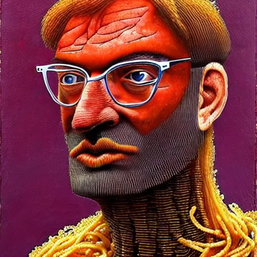 Image similar to jurgen klopp made of spaghetti and tomato sauce, by giuseppe arcimboldo and ambrosius benson, renaissance, intricate and intense oil paint, a touch of beksinski and hr giger and edward munch, realistic