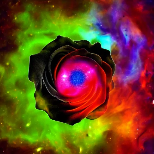 Image similar to lsd hallucination based on award - winning macro of a beautiful black rose made of molten magma and nebulae on black background by harold davis, highly detailed, inner glow, trending on deviantart, artstation and flickr, nasa space photography, national geographic