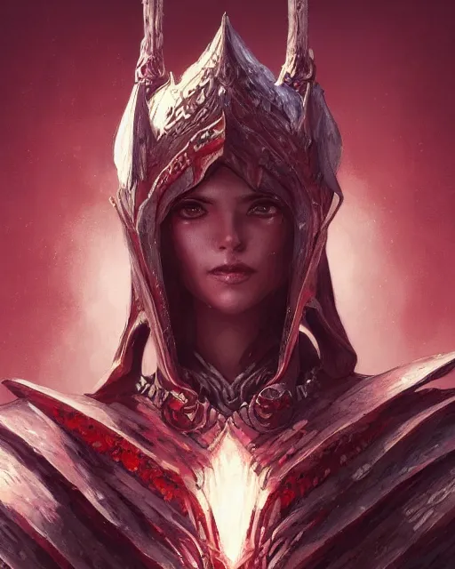 Image similar to Portrait of a Fantasy crimson knight, moonlit, HD, illustration, epic, D&D, fantasy, intricate, elegant, highly detailed, digital painting, artstation, concept art, smooth, sharp focus, illustration, art by artgerm and greg rutkowski and alphonse mucha, monster hunter illustrations art book