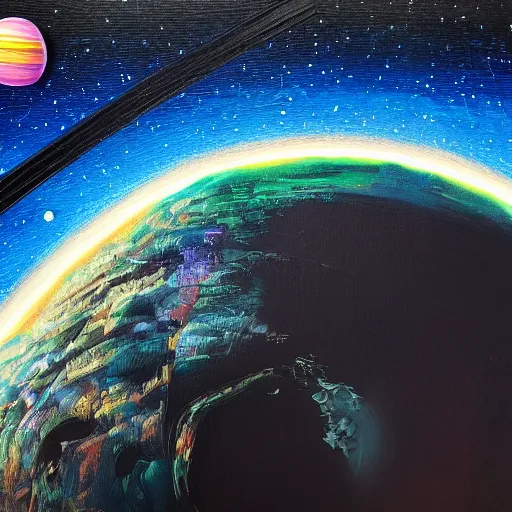 Image similar to view from space, rainbow rubber band ball planet, oil on canvas, portrait, intricate, 8 k highly professionally detailed, hdr, cgsociety