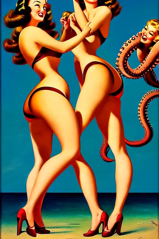 Image similar to 1940s group of pinup bikini girls being hugged by giant octopus, oil painting, by Gil Elvgren