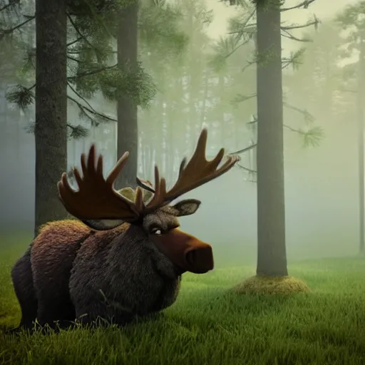 Image similar to shrek riding a moose in a dark forest, smoky, foggy, 8k, octane render,