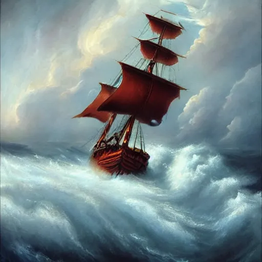 Image similar to sea storm, whirlpool!, epic painting, wooden ship, highly detailed, hd, deep colors, artstation, dark painting