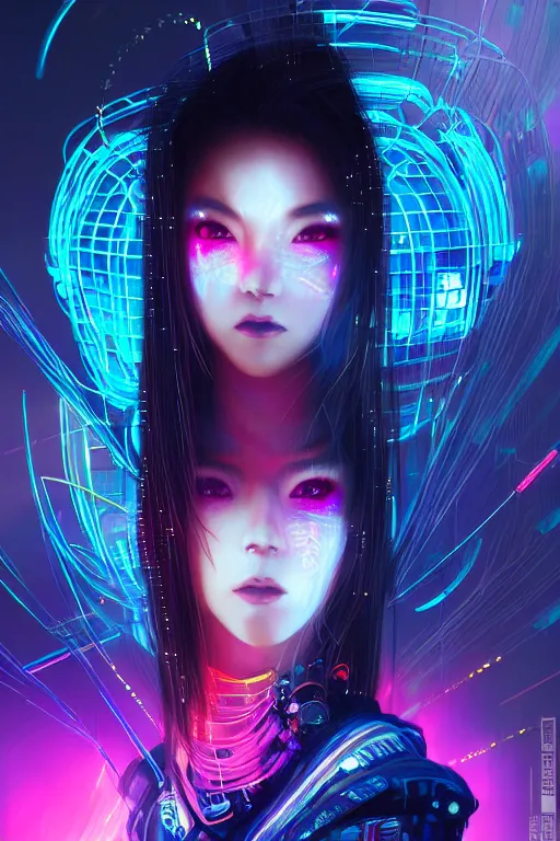 Prompt: portrait futuristic dreaming cyberpunk female samurai, in futuristic fire sparkles and firefly tokyo rooftop cyberpunk night, ssci-fi, fantasy, intricate, very very beautiful, elegant, neon light, highly detailed, digital painting, artstation, concept art, soft light, hdri, smooth, sharp focus, illustration, art by tian zi and craig mullins and WLOP and alphonse mucha