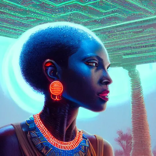 Image similar to highly detailed portrait of an african neon egyptian goddess, intricate alien technology, stephen bliss, unreal engine, fantasy art by greg rutkowski, loish, rhads, ferdinand knab, makoto shinkai and lois van baarle, ilya kuvshinov, rossdraws, tom bagshaw, global illumination, radiant light, detailed and intricate environment