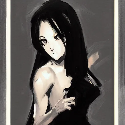 Prompt: greg manchess painting of an anime woman, direct flash photography at night, film grain, black and white