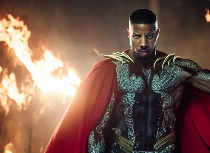 Image similar to film still of michael b jordan as spawn in the new spawn movie, giant chains, large cape, 8 k