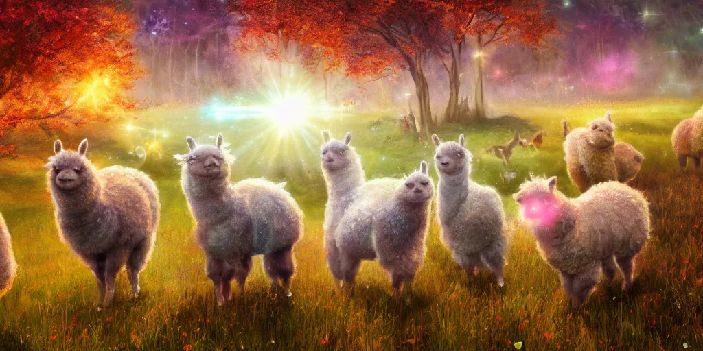 Image similar to magical fairy alpacas frolicking in a field, autumn, sparkles, light beams, digital art, oil painting, fantasy, 8 k, trending on artstation