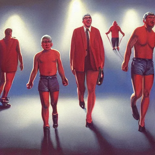 Image similar to A painting of Boulevard of Broken Dreams by Gottfried Helnwein, with WWF wrestlers from the 1980's, dynamic lighting