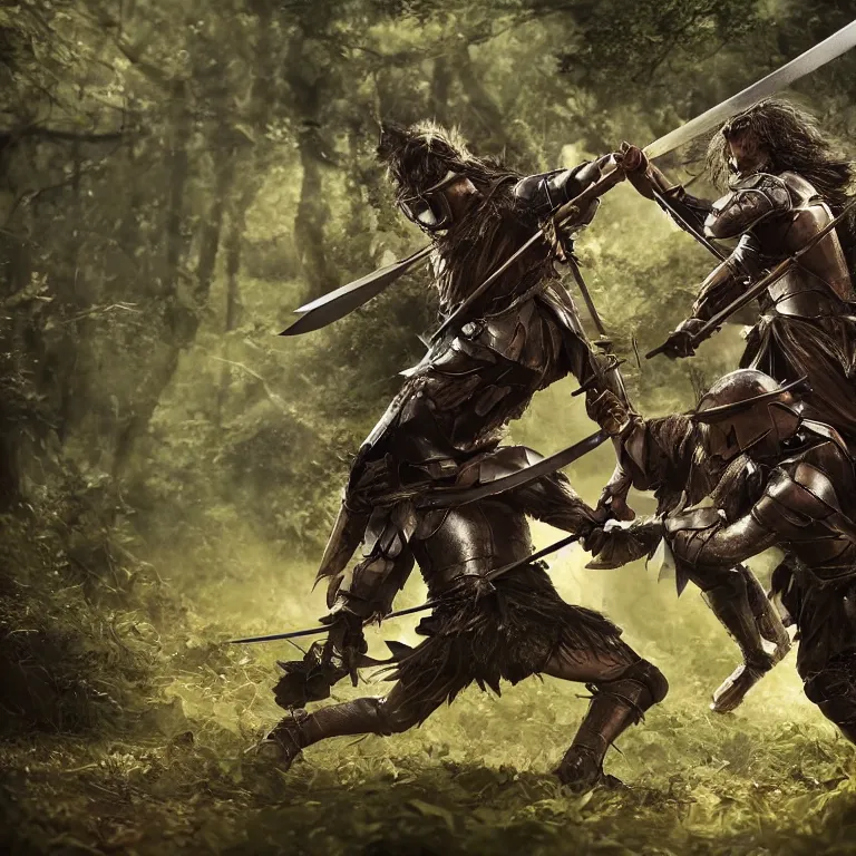 Prompt: two knights fighting with swords in forest, highly detailed, smooth, sharp focus, portrait, concept art, intricate details, fantasy poster, dark athmosphere, 8 k. lifelike. nikon d 8 5 0