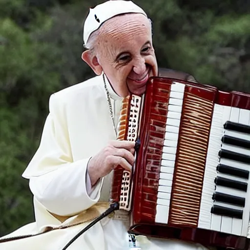 Image similar to realistic photograph of Luciana Littizzetto playing the accordion for Pope Francis, 2019, afternoon