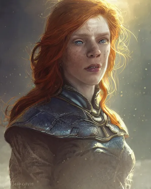 Image similar to the elder scrolls vi, charismatic rugged female redhead breton mage portrait, illustration, rim light, top light, perfectly shaded, golden hour, epic, intricate, soft painting, by leesha hannigan, ross tran, thierry doizon, kai carpenter, ignacio fernandez rios