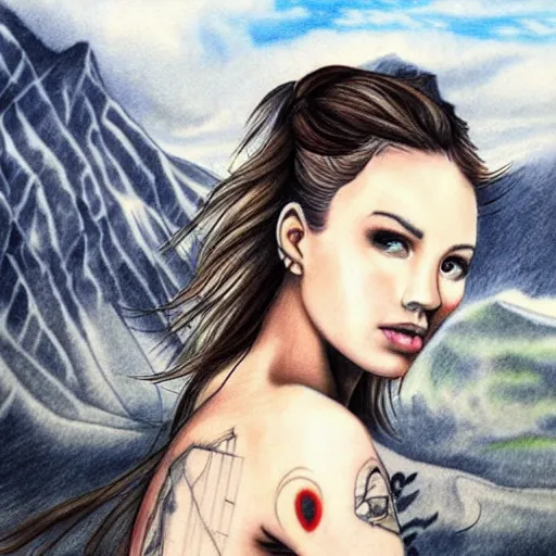 Prompt: tattoo design sketch of a beautiful girl next face to a beautiful mountain scenery, hyper realistic