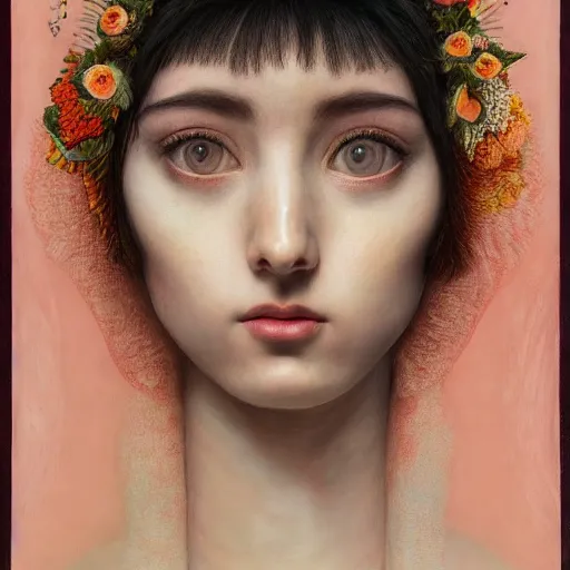 Prompt: white girl, botanical, portrait face, colorful, frantisek kupka, intricate, miles johnston, kuroda seiki, cynical realism, ozabu, john william godward, painterly, yoshitaka amano, moebius, miles johnston, louise zhang, james jean, mark ryden lowbrow pop surrealism art style