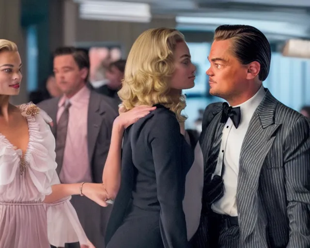 Prompt: leonardo dicaprio as the wolf of wall street next to beautiful margot robbie as naomi from the wolf of wall street, hyper realistic faces, cinematic, long shot, hyper detailed, 8 5 mm photograph, 8 k resolution, film still, sharp lens, wide lens