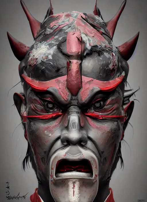 Prompt: dark samurai portrait, symmetrical face, hannya oni mask, after a battle, dirt and unclean, extreme detail, cinematic, dramatic lighting render, by sandra chevrier, masterpiece